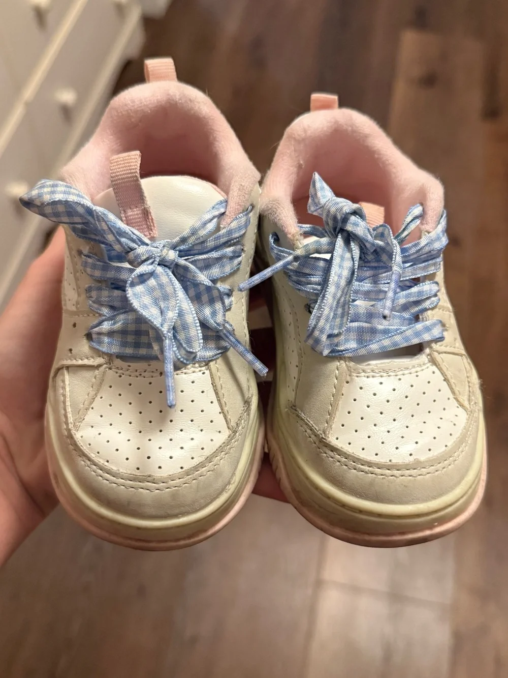 OshKosh B'gosh Cream and Pink Girls Sneakers with Blue Gingham Laces
